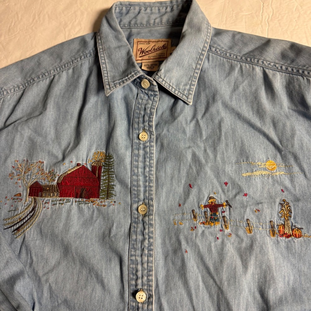 Woolrich Womens Large Denim Button Down Shirt Fall Harvest Barn Scarecrow Blue